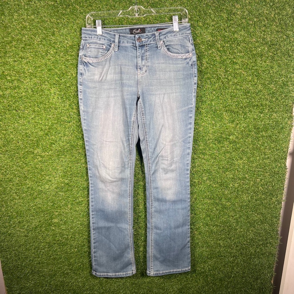 Earl Jean Slim Bootcut Jeans Light Wash Rhinestone Fleur De Lis Size 6 31x31